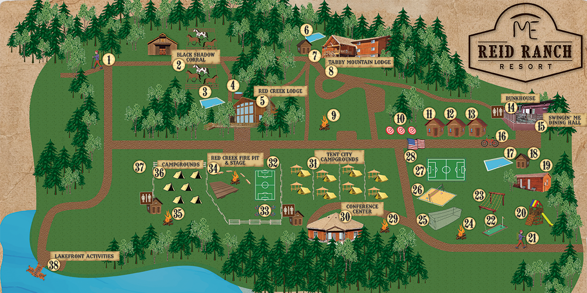 Activity Map of Reid Ranch: showing locations of lodging, attractions, food, merchandise, and miscellaneous items. All links found in the text below.