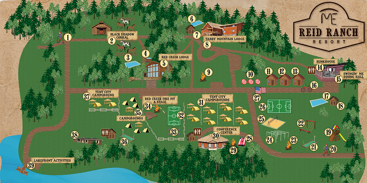 Activity Map of Reid Ranch: showing locations of lodging, attractions, food, merchandise, and miscellaneous items. All links found in the text below.