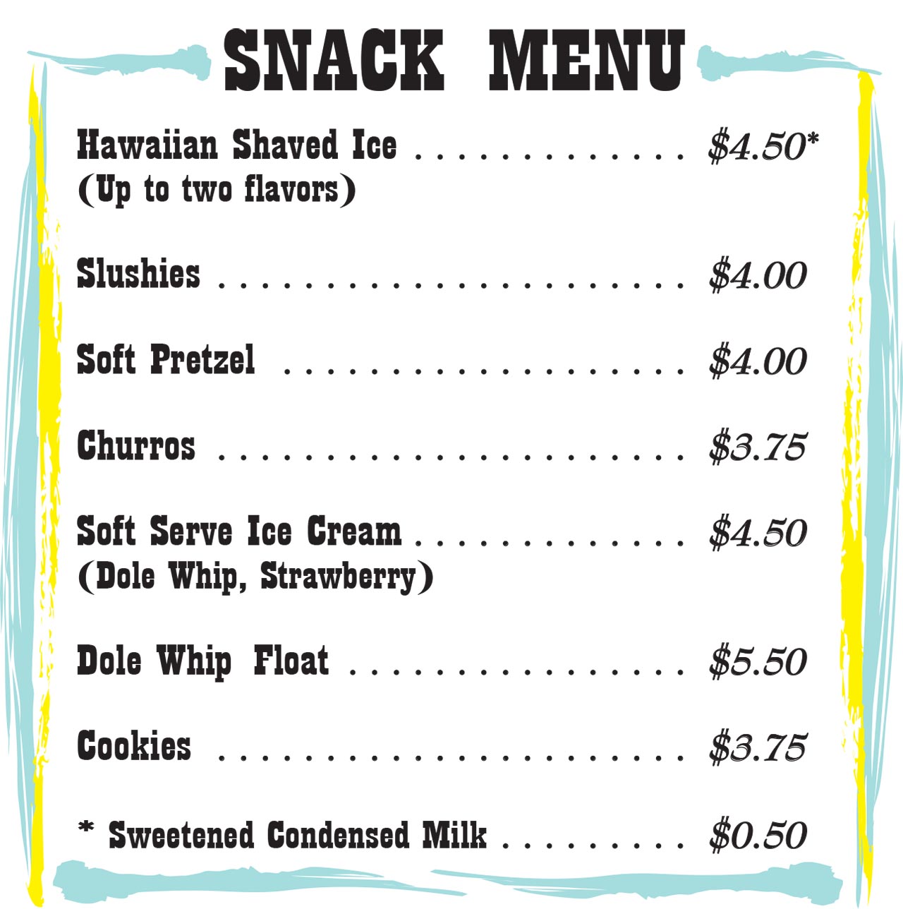 Image showing snack menu with prices ranging from $3.75 to $5.50