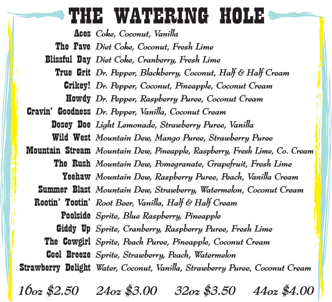 Image showing soda flavors and sizes with prices ranging from $2.50 to $4.00