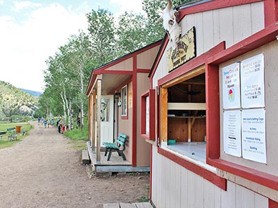 An angled view of the Trading Post front service window.