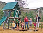 Younger children being pushed in the belt swings, while an older child uses the trapeze swing.